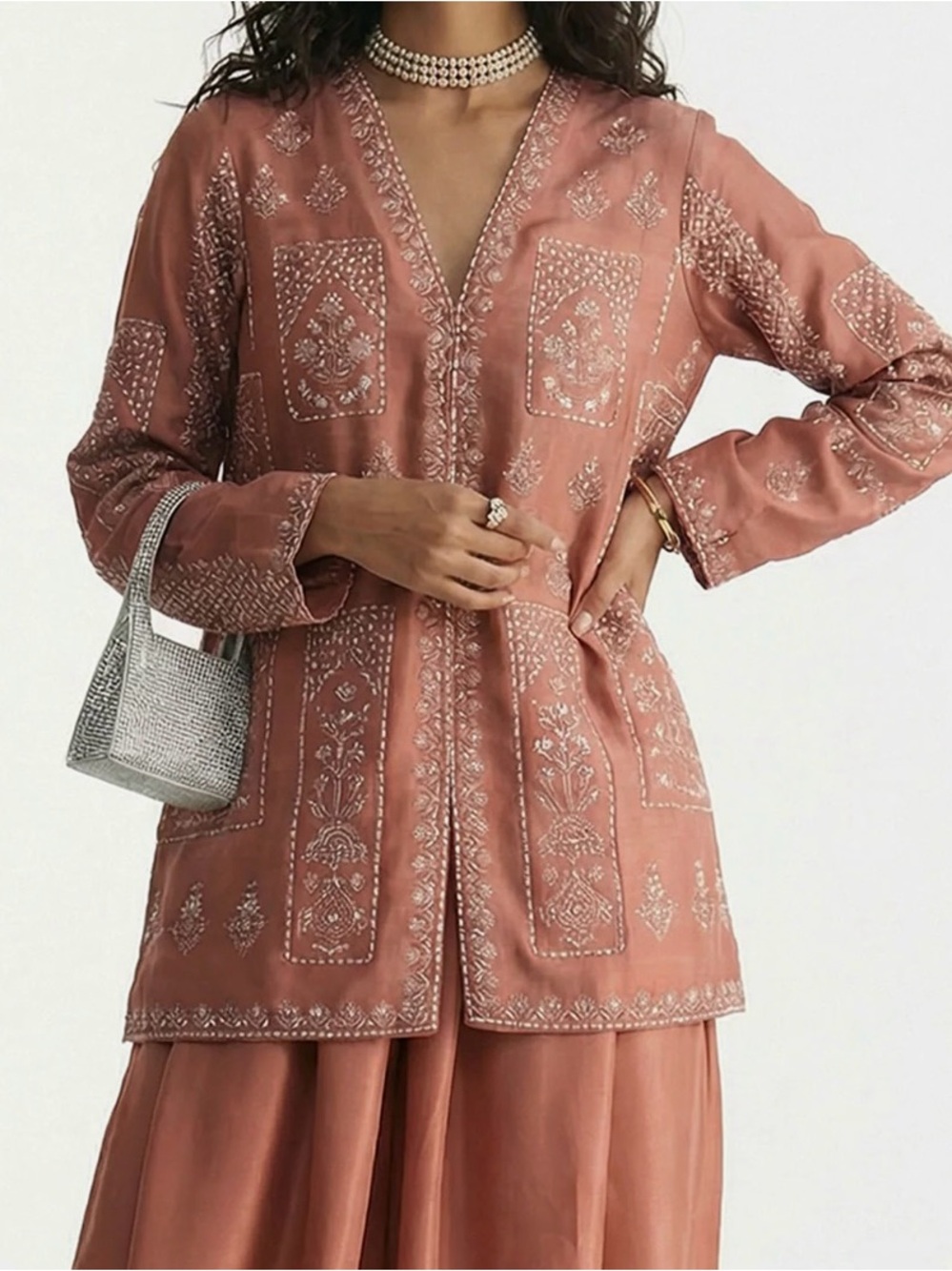 Embroidered terracotta Dusty Rose Tunic Top & Pants